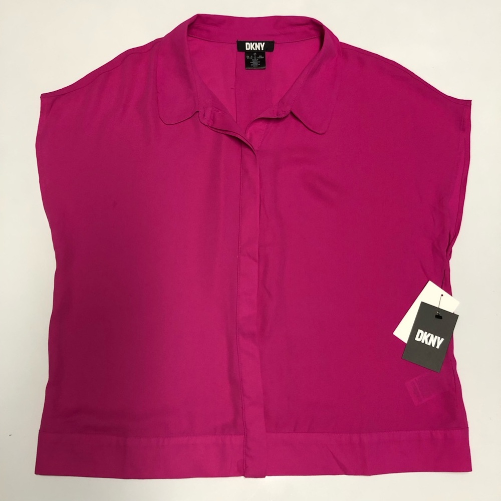 DKNY Fuchsia Short-Sleeve- Hidden Button-Front Blouse Size L
